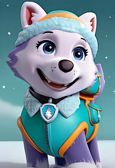 BREAK Score_9_up, Score_8_up, Score_7_up, source_anime, 1girl, solo, everest, dog, feral, teal cap, teal jacket with an orange trim, white fluff, black fur,blue eyes,