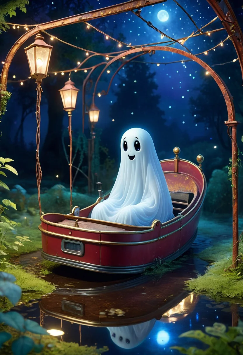 Pixar style, very small sad floating ghost, dot eyes, melancholic expression, floating alone in an abandoned amusement park, night time setting, starry sky, glowing moon, soft natural lighting, whimsical atmosphere, ethereal glow, ultra-quality, fine details, enchanting scene, magical elements, eerie yet peaceful setting, intricate details of rusted rides, overgrown vegetation, broken attractions, glowing remnants of fairy lights, mystical fog, realistic textures, quiet and haunting, harmonious composition, gentle light beams, mystical ambiance, solitude and serenity, tiny and enchanting, miniature scene