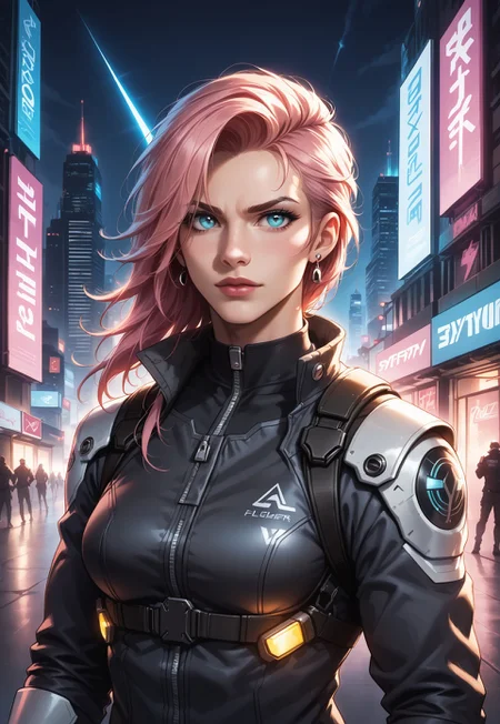 safe_pos, score_9, score_8_up, score_7_up, 1girl, solo, futuristic bounty hunter, advanced tactical armor with glowing neon accents, high-tech plasma pistol with a sleek design and glowing energy core, short spiky pink hair with cybernetic enhancements, realistic, cinematic angle, cinematic lighting, athletic body, determined face, glowing cyan eyes, combat-ready pose
BREAK
patrolling a neon-lit cybernetic city
BREAK
source_cyberpunk_art, rating_explicit, expressive, full body, dynamic pose
BREAK
detailed beautiful background, futuristic cityscape with towering skyscrapers and holographic advertisements, neon-lit streets with floating vehicles, cybernetic creatures and androids, distant neon skylines with flying drones, high-tech atmosphere with a sense of danger and excitement <lora:Expressive_H:0.6>Expressiveh, (SimplepositiveXLv1:1.3),
(((upper body, full clothed:1.85))) ((masterpiece)) (ultra realistic, 32k, masterpiece:1.2), (high detailed skin:1.1), (high quality:1.1)
(((full clothed)))
<lora:DandonFuga_Style_v.2_-_Pony:0.8>
(8k uhd:1,4)
<lora:add-detail-xl:1>
<lora:Dynamic Poses:1>