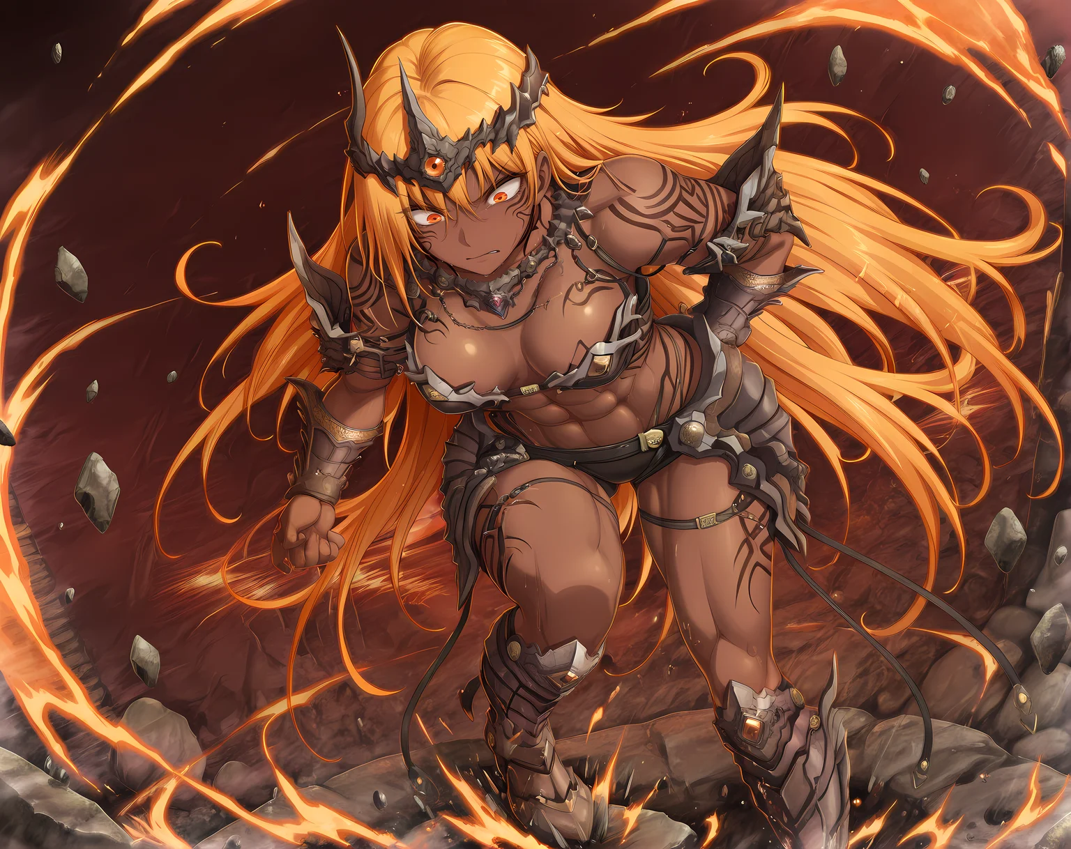 solo,<lora:AgnaGaretta:1>,agna,dark-skinned female,abs,very long hair,orange eyes,blonde hair,muscular,tattoo,base outfit,headwear,leaning forward,stomping,v-shaped eyebrows,scowl,shockwave,earthquake,rock,shards,, masterpiece,best quality,amazing quality, very aesthetic, absurdres,detailed eyes,ultra-detailed,