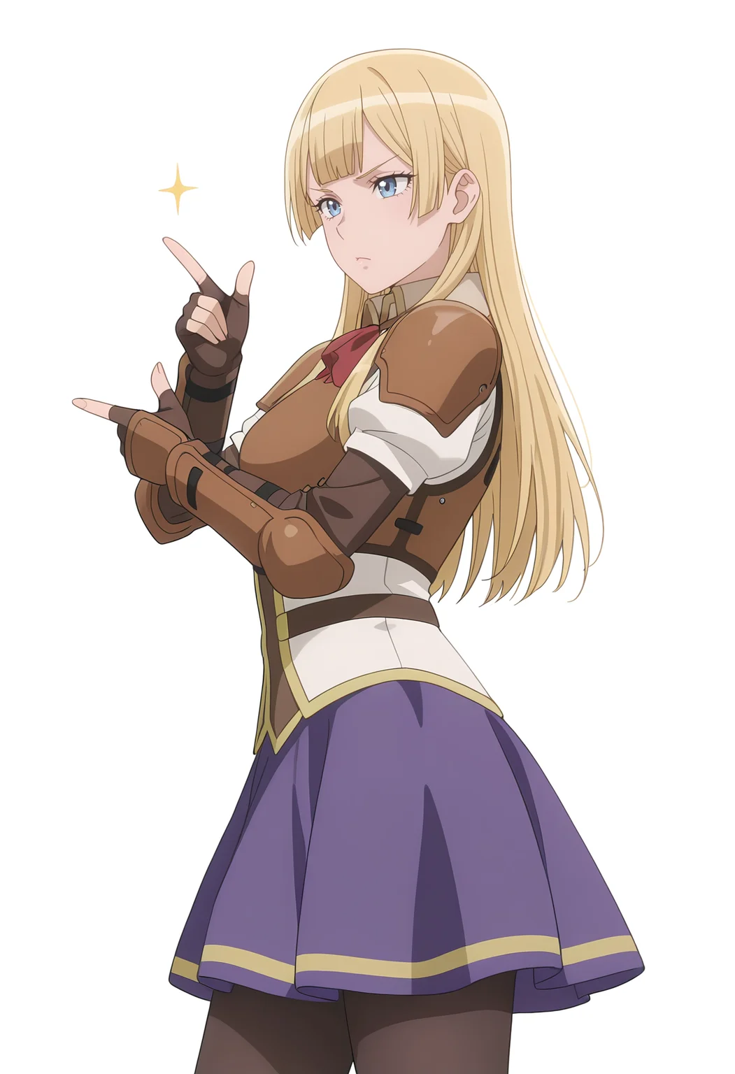 Smooth Quality,masterpiece,beautiful aesthetic, very intricate, high quality details, ultra realistic, high detailed skin,
simple background, white background,
from side,;<,finger gun,
<lora:Rembrandt_Sifcnn:0.7> RembrandtSif/cnn, 1girl, solo, long hair, blonde hair, blue eyes,
pantyhose, skirt, black pantyhose, armor,