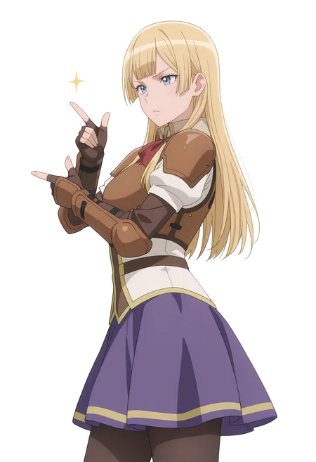 Smooth Quality,masterpiece,beautiful aesthetic, very intricate, high quality details, ultra realistic, high detailed skin,
simple background, white background,
from side,;<,finger gun,
<lora:Rembrandt_Sifcnn:0.7> RembrandtSif/cnn, 1girl, solo, long hair, blonde hair, blue eyes,
pantyhose, skirt, black pantyhose, armor,