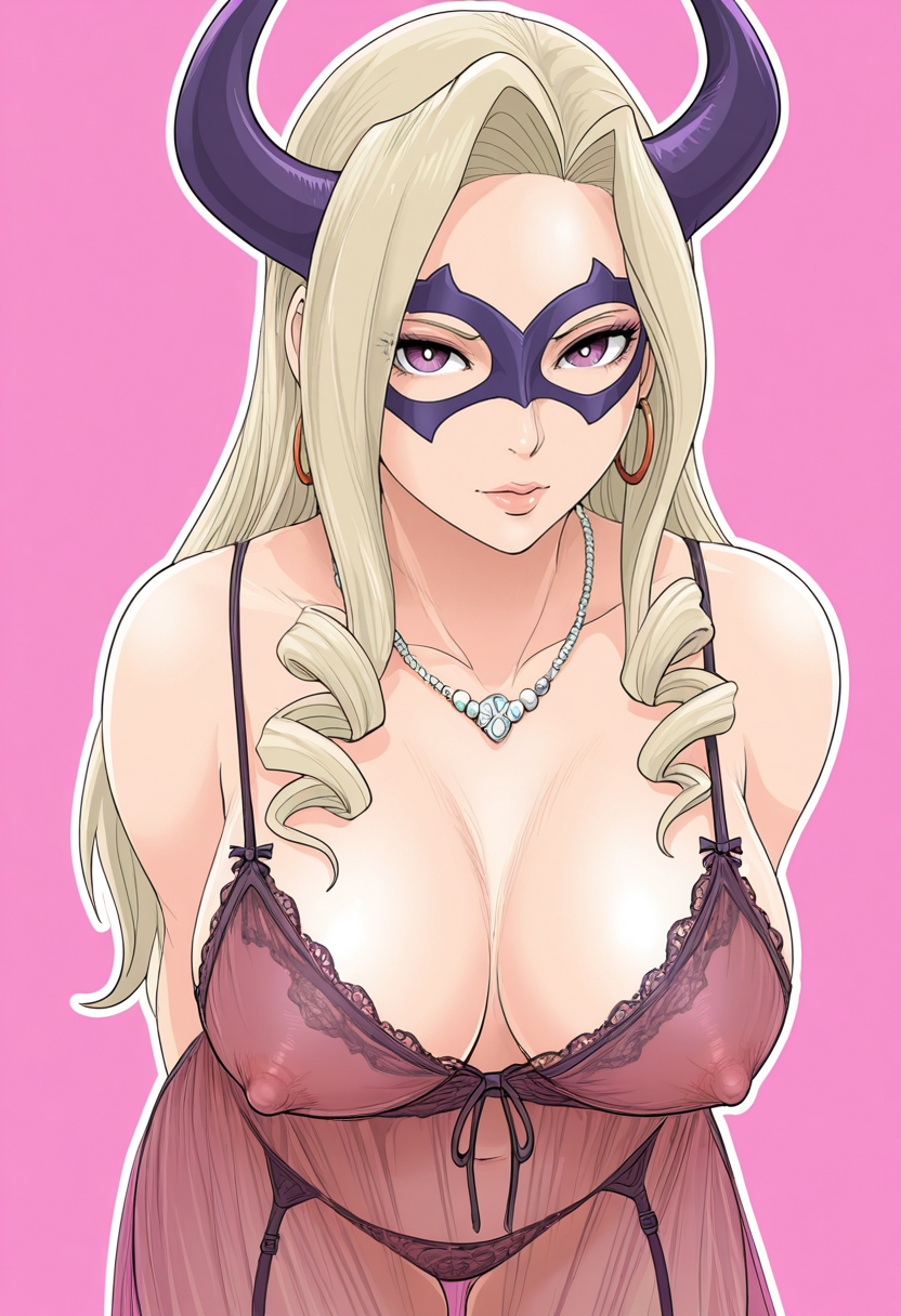 masterpiece, best quality, 
1girl, solo, 
Three quarter view
mount lady, blonde hair, purple eyes, domino mask, horns,  
bra, lingerie, garter straps, necklace, lace trim, hoop earrings, see-through clothes, covered nipples, nightgown, 
looking at viewer, 
simple background, Coral Pink  background, outline, 
 <lora:raikageart:1> r41k4g34rt,
