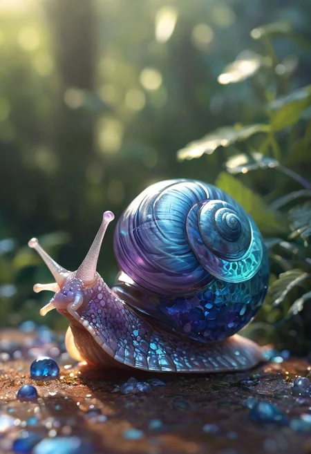 Create a hyper-realistic image of a cute snail composed entirely of blue gemstones, featuring a shell with intricate facets in deep sapphire, bright azure, and shimmering highlights. The body should appear smooth and translucent, resembling polished crystal, with realistic textures and subtle iridescence. For inspiration, incorporate elements from colorful snail species like the Candy Cane Snail with its vibrant spiral patterns and the Violet Sea Snail's purplish hues. Surround the snail with a softly blurred background of lush, vibrant greenery, enhancing its vivid colors. Include detailed light reflections and natural shadows to emphasize depth and realism, creating a captivating and enchanting scene.
style of greg rutkowski,janek sedlar,jenny saville:0]  <lora:vivid_everclear:0.35>  <lora:Sinozick:0.35>  <lora:MJ52:0.35>
