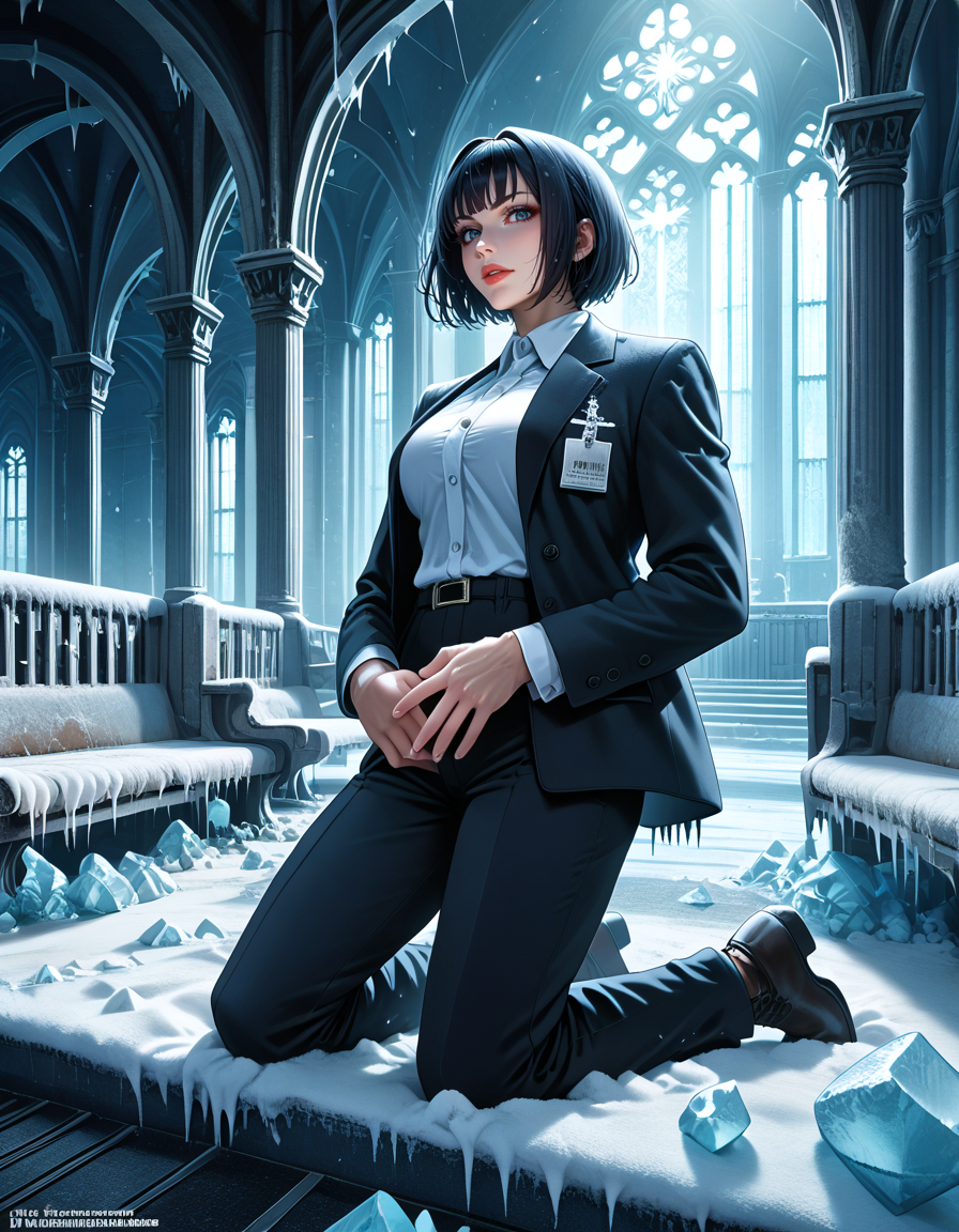 cinematic photo . score_9, score_8_up, score_7_up, rating_safe, source_photo, from below, volumetric lighting, fr0stwrld, 
Djinn, A-line bob hair, Kneeling in a dark, eerie church pew with a sinister prayer., Boxing, Malevolent, abandoned subway station, snow, ice, 
, , , <lora:Fr0stWrld-v10:0.8>,<lora:hand 5.5:1>,<lora:Dynamic Poses:1> . 35mm photograph, film, bokeh, professional, 4k, highly detailed