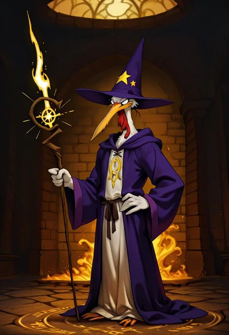 Masterpiece, best quality, highly detailed, absurdres, 1boy, solo, cartoon, ch1ken, chicken, long beak, wizard robe, intricately designed robe, wizard hat, holding staff, casting a spell, luminous spell, dark dungeon background, detailed background