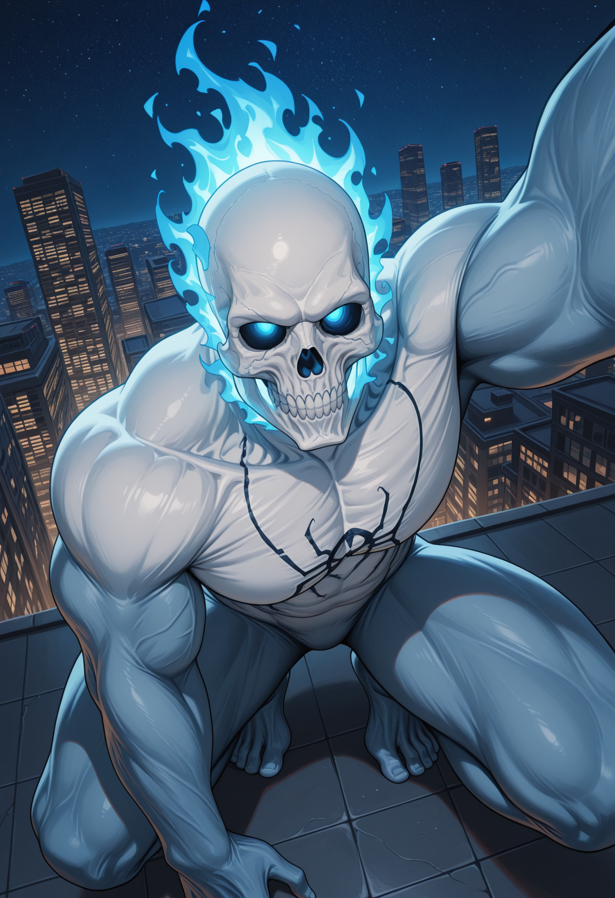 solo, 1boy, male focus, taking selfie, from above, close-up, looking at viewer, sp1r1tsu1t, blue fire head, skull head, no eyes, featureless crotch, muscular, broad shoulders, big pecs, thick thighs, crouching, dynamic pose, outside, starry sky, night, rooftop, skyscraper, dutch angle,
perfect anatomy, masterpiece, perfect quality, best quality, detailed, newest, very aesthetic <lora:SpiritSuit_MarvelsSpider-Man_V1_ILXL:0.85>