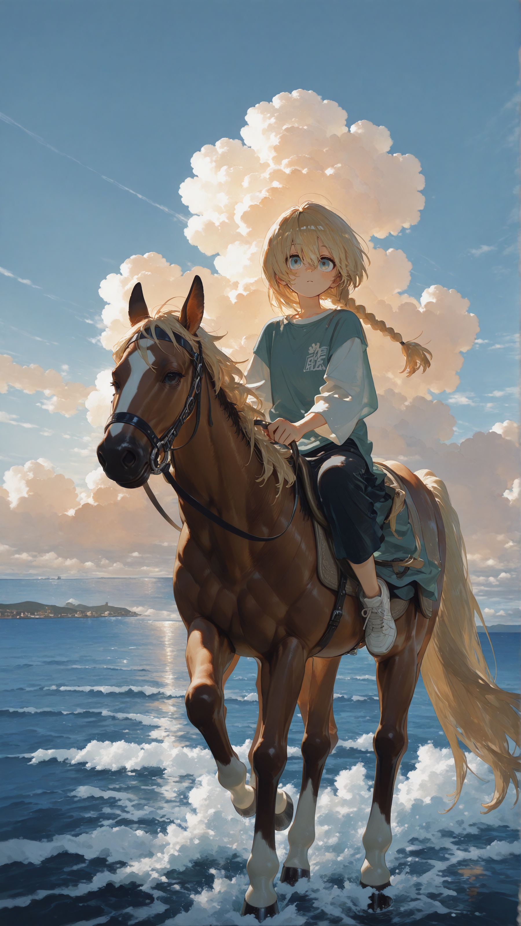 masterpiece, newest,absurdres,incredibly absurdres, best quality, amazing quality, very aesthetic, painterly, watercolor effect, impressionism, 
1girl, clouds, blonde, long hair, short braid, riding large horse,  urban clothes, relaxed, ocean, 
 <lora:KonYa666:1> kony4666 <lora:ka_marukogedago:1> k4_illu,