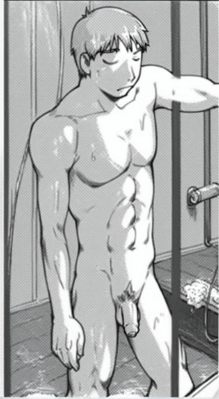 score_9, score_8_up, score_7_up, anime_source, official artstyle, anime screencap, ((monochome)), highly detailed, 1boy, perfect composition, good shading, male focus, 1boy, solo, male focus, indoors, bathroom, completely naked, completely nude, akishima boy 4, silver hair, abs, pectorals, flaccid penis, pubes, foreskin, eyes closed, taking a shower, monochrome