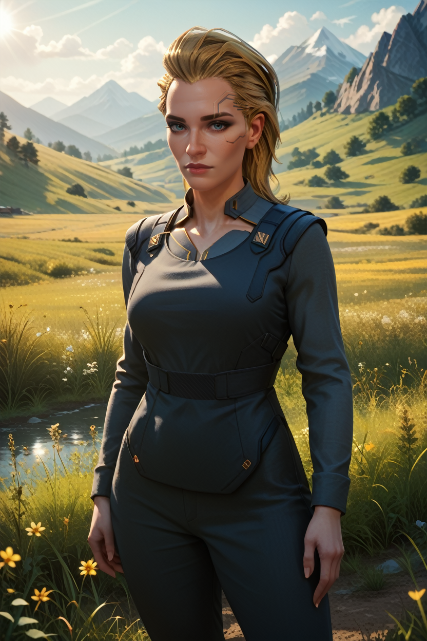 score_9, score_8_up, score_7_up, score_6_up
<lora:CyberMeredith:0.8>
CyberMeredith, 1girl, blonde hair, looking at viewer, standing in a field during the golden hour, hand gently brushing through tall grass, mountains in the distance, warm sunlight casting a glow, serene and connected to nature