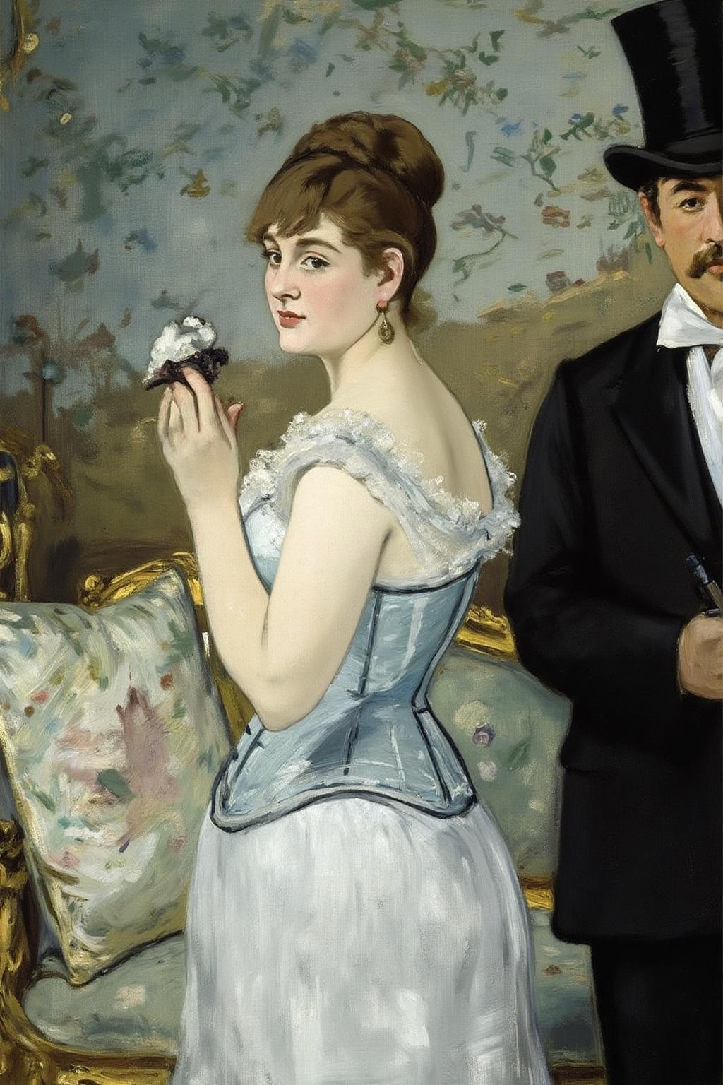 edmanet1 painting.
A woman and a man are in an elegantly decorated room. The woman, show in side view profile, standing slightly to the left, is dressed in a delicate, white, lace-trimmed gown with a light blue corset. She is turning her head side way to look a the viewer. On the right is a man wearing a tuxedo and a top hat. <lora:edmanet1_cap_d6a3e13:1.0><lora:834763225389177564:0>
