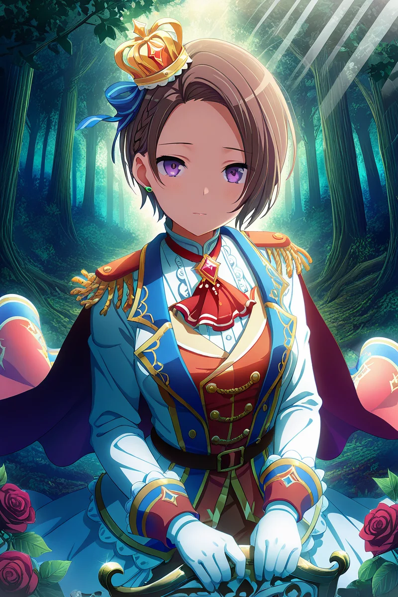 masterpiece, best quality, amazing quality,
<lora:Suzu_IL:1> suzu, 1girl, gloves, short hair, purple eyes, forest, white gloves, nature, crown, tree, solo, looking at viewer, flower, epaulettes, jewelry, outdoors, sunlight, leaf, cape, brown hair, mini crown, long sleeves, rose, light rays, brooch