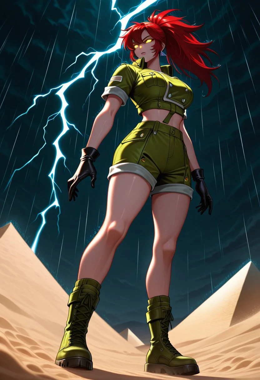 illustriouslogan, solo, NHDRNCLSSC, red hair, long hair, ponytail, triangle earrings, green crop top, short sleeves, green shorts, black gloves, claw, yellow eyes, glowing eyes, green boots, combat boots, footwear, large breasts, standing, close up, from below, full body, Outdoors, rain, dark night, white lightning, sand, pyramid