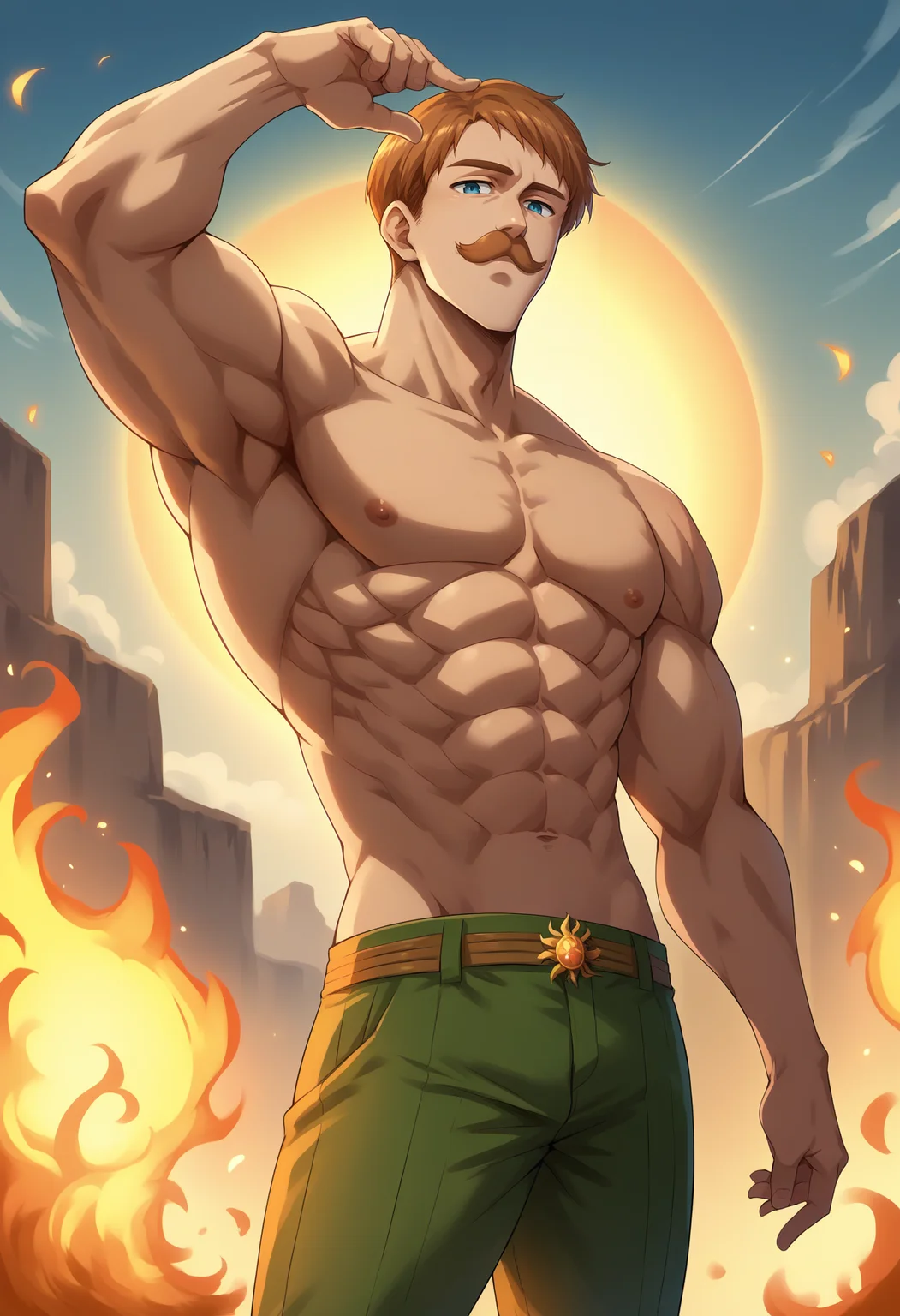 score_9, score_8_up, score_7_up, source_anime, 1boy, solo, Escanor, muscular, short hair, brown hair, mustache, blue eyes, topless male, green pants, arm up, finger up, fireball, sun, outdoors, <lora:ChamEscanorPonyXL:1>