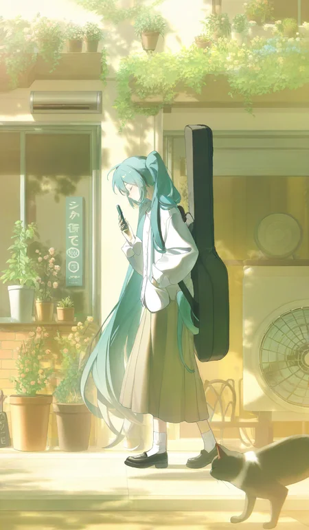<lora:konya666 (5):1>,highres,absurdres,newest,very awa,masterpiece,best quality,year 2024,
\,
SenSen,1girl,hatsune miku,long hair,plant,potted plant,twintails,cat,solo,skirt,socks,white socks,very long hair,outdoors,white shirt,shirt,holding,shoes,aqua hair,black cat,scenery,wide shot,instrument case,long sleeves,sign,day,closed eyes,standing,black footwear,bag,walking,air conditioner,long skirt,window,flower pot,blue hair,phone,sunlight,hand in pocket,
