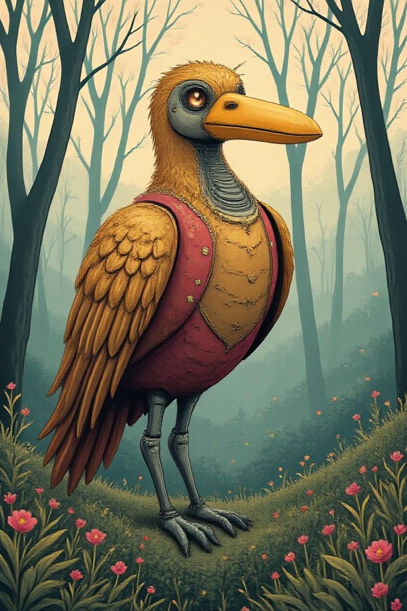 <lora:FolkCartoon.safetensors:1>
Polished Chrome and Reflective Surfaces: The robot bird, a masterpiece of modern engineering and baroque opulence, stands out against the mystical backdrop of a foggy, lush forest. Its sleek, metallic body is intricately adorned with ornate curves and floral motifs, evoking the grandeur of Rococo artistry. The bird's shimmering gold feathers catch the light, reflecting the rich jewel tones of its surroundings—deep pink, teal, and amber. The vibrant hues blend and gradient seamlessly, adding depth and luminosity.
The head of the bird is a large, bright yellow beak, its surface polished to a high gloss, giving it an eccentric and regal presence. The beak is accented with black and silver detailing, which contrasts beautifully with the gold feathers and red body. The bird's eyes, set with tiny, sparkling jewels, seem to glow with an otherworldly intelligence.
In the background, the trees are faint and ethereal, their shapes softened by the mist, creating a mystical atmosphere. The fog adds a sense of depth and mystery, enhancing the bird's futuristic and ornate appearance. In the foreground, moss and small, delicate plants peek through, providing a touch of natural texture and balance. The setting is a harmonious blend of the wild and the refined, where modern minimalism meets baroque extravagance, all focused on the stunning, hyper-realistic robot bird.