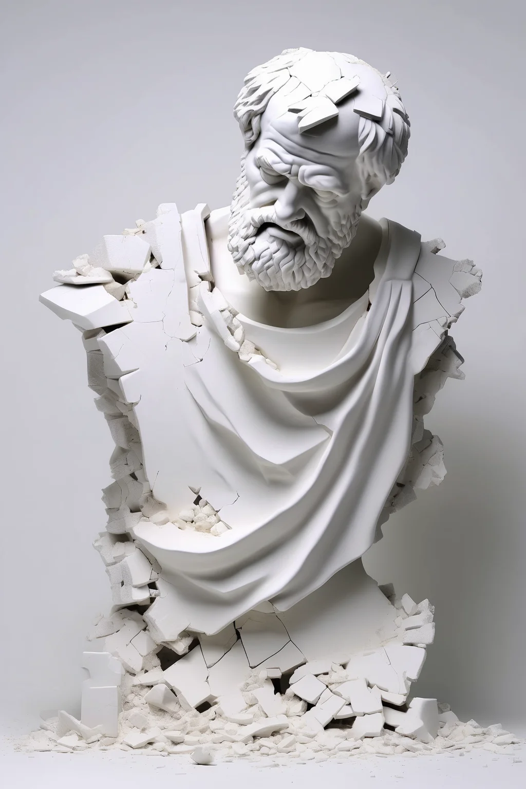 <lora:Daniel Arsham Style:1>Daniel Arsham Style - Broken bust of Aristotle on an all white ground with an all white background behind it.