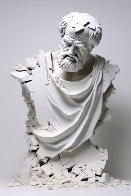 <lora:Daniel Arsham Style:1>Daniel Arsham Style - Broken bust of Aristotle on an all white ground with an all white background behind it.