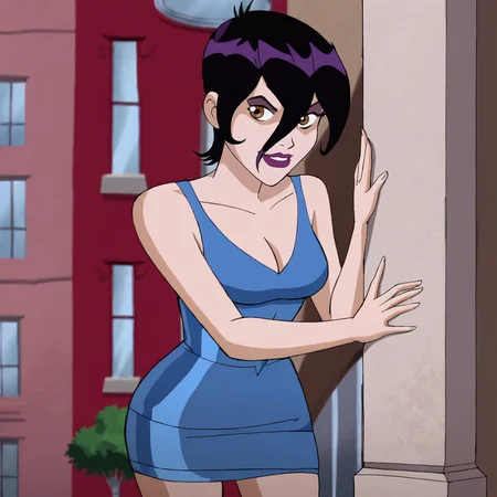 <lora:FoaraLooneyTunes_pony_v1:1>  FaoraLooneyTunes, 1girl, lipstick, makeup, short hair, black hair, medium breasts,  hair between eyes, purple lips, cowboy shot,  <lora:0878 Laser nightclub skirt_v1_pony:1> ruanyi0878,blue dress,short skirt, skirt,
