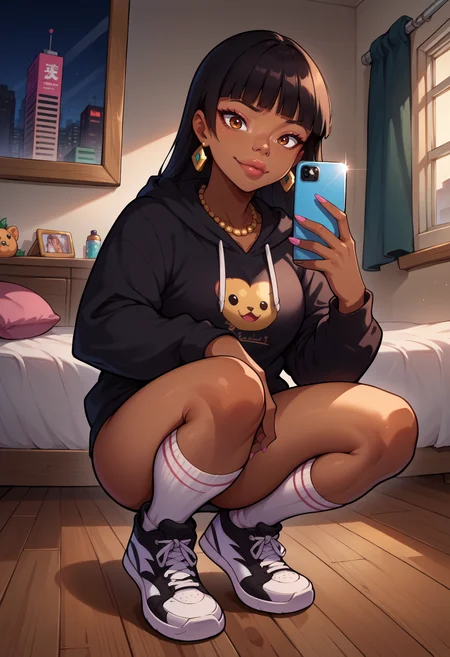 score_9, score_8_up,score_7_up, source_anime, rating_questionable, 1girl,solo, <lora:EPrtedChel-10:1>, EPrtedChel, long hair, black hair, straight hair, brown eyes, blunt bangs, dark-skinned female, dark skin,very dark skin, necklace, ear piercing, black hoodie, white socks, kneehighs, sneakers, black sneakers, squatting, selfie, taking picture, mirror selfie, bedroom, bed, mirror, at a dark room, at night , city view from the window, gyaru,