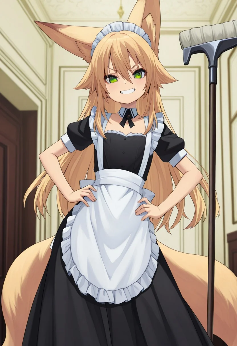 masterpiece,perfect quality,best quality,absolutely eye-catching,absurdres,highres,newest,anime coloring, anime screencap,(1girl,solo), Kokonoe_Tsubaki, green eyes, long hair, flat chest, fox ears, (fox tail), maid, maid uniform, long skirt, apron, ((contrapposto, hands on hips)), (holding broomstick), looking at viewer, (grin), mansion, indoors,