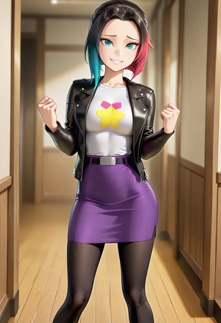 masterpiece, good quality, best quality, dynamic view, original style, screencap, TDPstyle
Zoe, blue eyes, black hair, multicolored hair, black leather jacket, white shirt, star shirt, purple skirt, black leggings, medium breast,
(solo, seducing, sexy pose, dynamic pose, looking at viewer, aroused,)