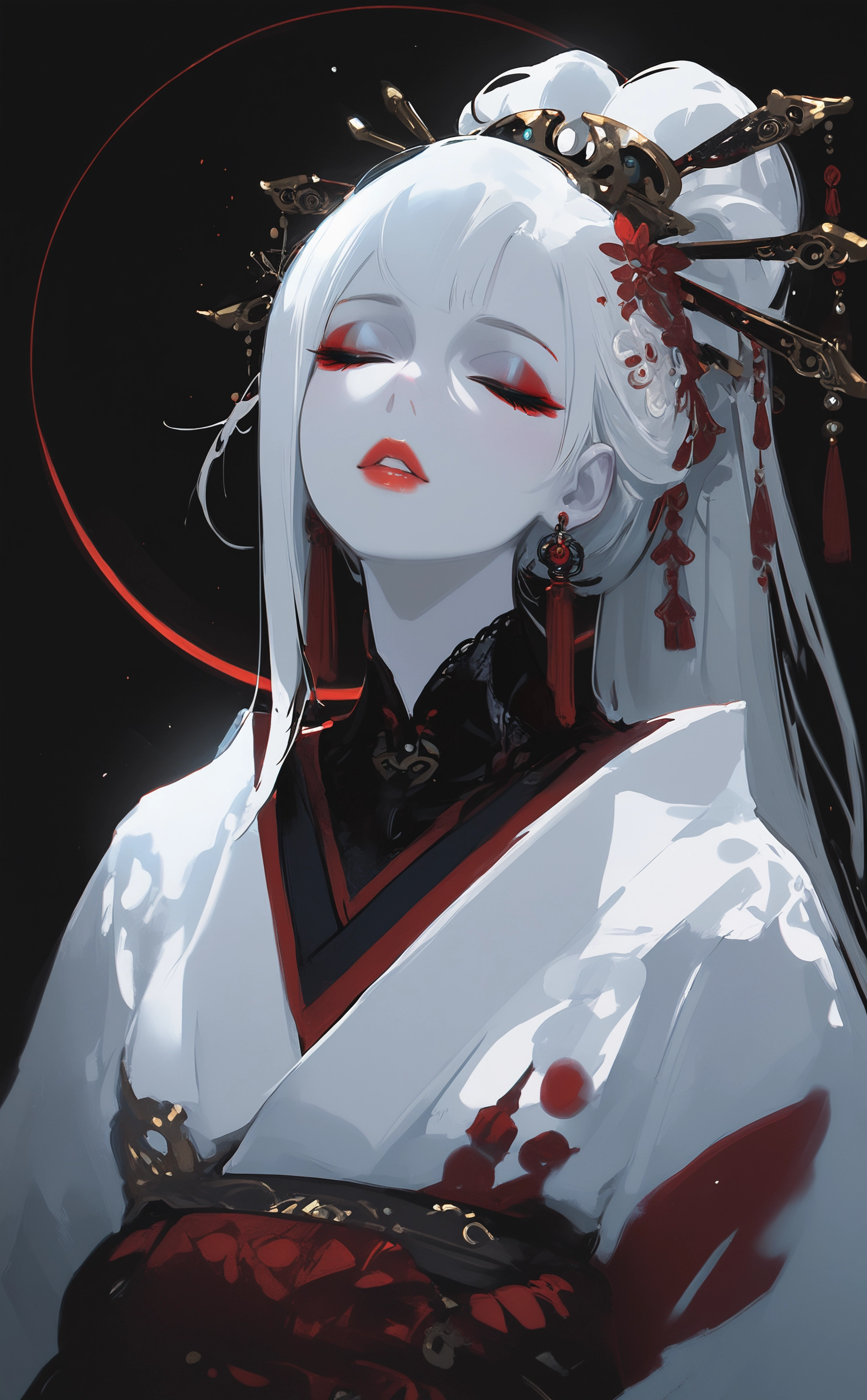 masterpiece, best quality, amazing quality, 1girl, solo, long hair, hair ornament, upper body, closed eyes, white hair, ponytail, earrings, parted lips, japanese clothes, kimono, lips, makeup, colored skin, black background, lipstick, pale skin, eyeshadow, eyeliner, red lips, hair stick, circle, Cinematic Lighting, <lora:ppw_v7_noobEv1.1:0.5> <lora:XXX667:0.5> <lora:nhl-004:0.8>