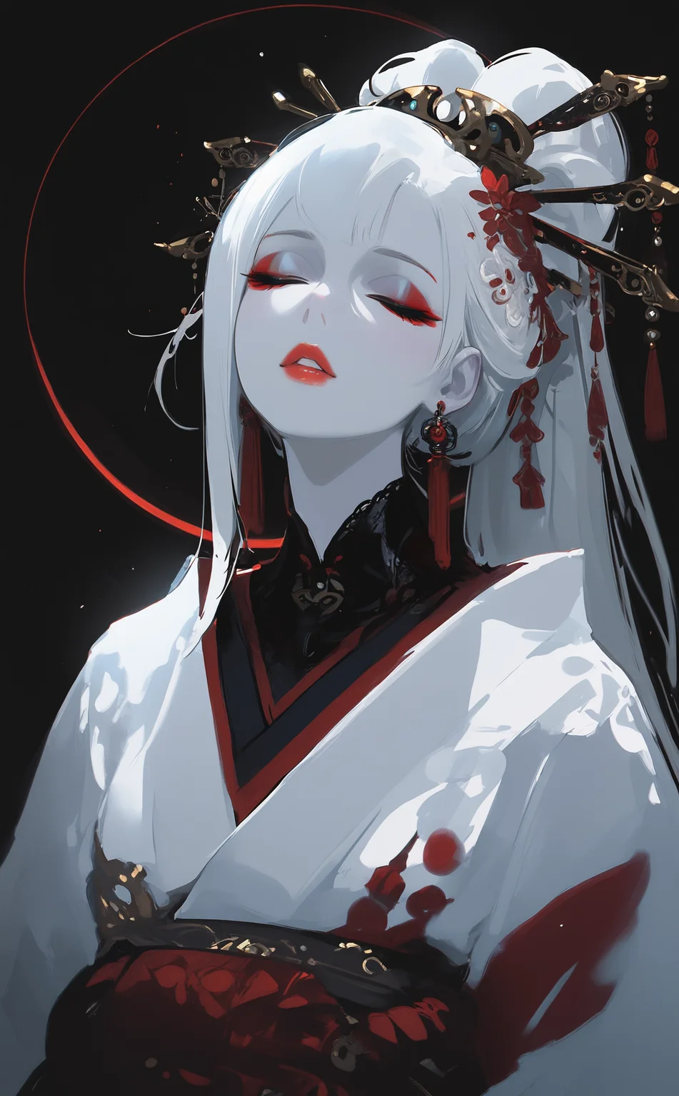 masterpiece, best quality, amazing quality, 1girl, solo, long hair, hair ornament, upper body, closed eyes, white hair, ponytail, earrings, parted lips, japanese clothes, kimono, lips, makeup, colored skin, black background, lipstick, pale skin, eyeshadow, eyeliner, red lips, hair stick, circle, Cinematic Lighting, <lora:ppw_v7_noobEv1.1:0.5> <lora:XXX667:0.5> <lora:nhl-004:0.8>