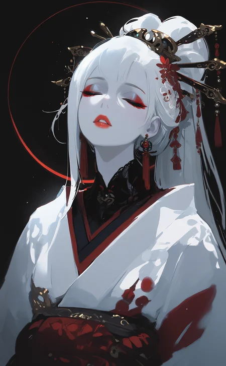 masterpiece, best quality, amazing quality, 1girl, solo, long hair, hair ornament, upper body, closed eyes, white hair, ponytail, earrings, parted lips, japanese clothes, kimono, lips, makeup, colored skin, black background, lipstick, pale skin, eyeshadow, eyeliner, red lips, hair stick, circle, Cinematic Lighting, <lora:ppw_v7_noobEv1.1:0.5> <lora:XXX667:0.5> <lora:nhl-004:0.8>