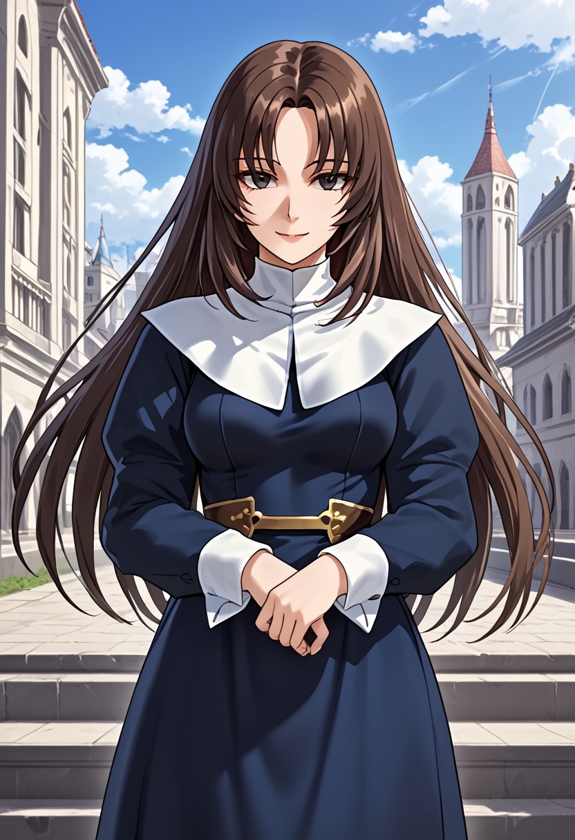 score_9,score_8_up,score_7_up,source_anime,5_figner,2d_animation,game cg,BREAK,1girl,solo,suikoden Sarah,long hair,brown hair,bangs,puffy sleeves,long sleeves,long dress,blue dress,nun,black eyes,
medium breasts,smile,front view,cowboy short,looking at viewer,expressionless,
outdoor,building,skyscraper,
masterpiece,best qualit,ultra-detailed,illustration,an extremely delicate and beautiful,beautiful detailed eyes,unity 8k wallpaper,high resolution,anime CG,official_art,