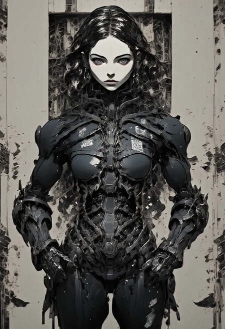 8k, hyper-realistic, featuring a striking cyborg girl model with intricately braided hair, posed gracefully in a structural black suit with exaggerated shoulders. The suit’s angular precision contrasts with a patterned undershirt and crisp white cuffs, evoking an architectural aesthetic infused with avant-garde artistry.
The model's accessories include statement earrings resembling crystalline fractals, adding a mathematical dimension to her look. Her expression is poised, her presence exuding strength and sophistication. The close-up editorial portrait emphasizes her flawless complexion and the interplay of bold textures.
The background is minimalist with subtle texture, a canvas for the sharp, directional lighting inspired by Kodak Tri-X 400's high-contrast monochrome style. The lighting highlights the sculptural elements of her attire and the geometric elegance of her accessories.
Adding a surreal twist, her headpiece features abstract shapes that mimic tessellations, cascading into intricate floral patterns that blend seamlessly with the folds of her high-neck gown. The monochromatic theme is punctuated by glossy coral lips and bold lashes, creating a modern yet timeless aesthetic.
haute couture, minimalist design, the sublime precision of mathematics, Vogue covers, structural-meets-ethereal aesthetic. softbox lighting, subtle highlights, a visionary fashion statement. robotic body, mechangel, anime, cyberpunk, TransparentDress, nistyle,
