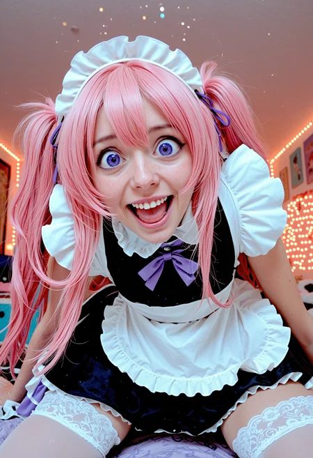 CivChan, 1girl, civchan, :D, uwu, mouth open wide, grin, smile, solo, pink hair, long messy hair, (purple eyes:1.5), maid outfit, frilly apron, short skirt, thigh highs, energetic pose, huge grin, wide eyes, tilted head, flushed cheeks, sparkles, heart icons, colorful pastel room, cluttered cute chaos, high saturation, 35mm lens, cinematic lighting, dreamy bokeh, kawaii overload, hyper expression, bouncing mid-motion, too much energy, uncontainable cuteness <lora:CivChan_SDXL:1> masterpiece, 4k, ray tracing, intricate details, highly-detailed, hyper-realistic, 8k RAW Editorial Photo.
cinematic light, dramatic light, shallow depth of field, high budget, bokeh, cinemascope, film grain ISO 200 faded film, 35mm photo, grainy, vignette, vintage, Kodachrome, Lomography, stained, highly detailed, found footage