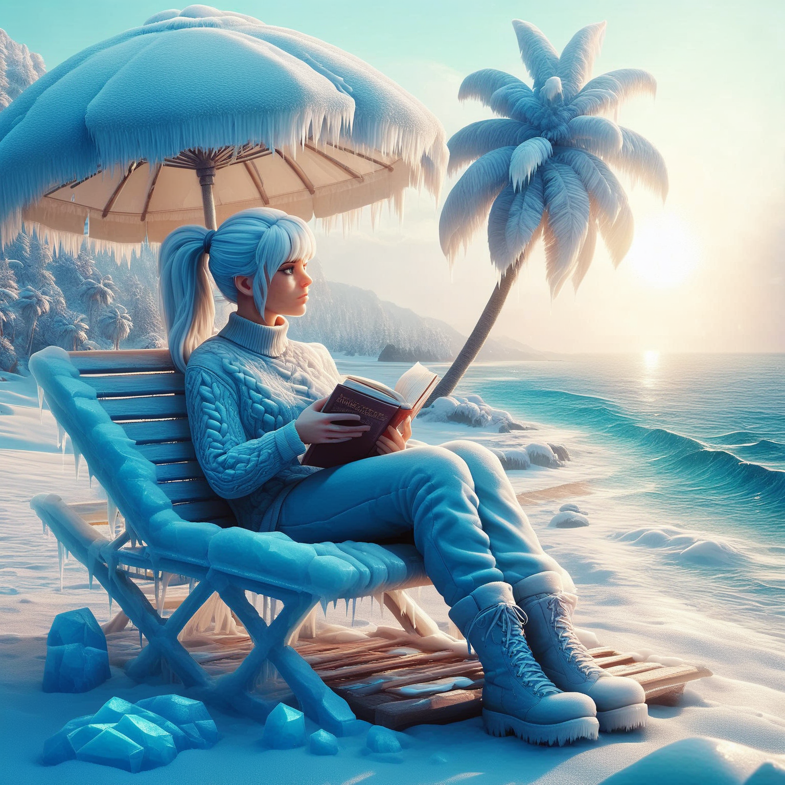 score_9, score_8_up, score_7_up, score_6_up, score_5_up, score_4_up, fr0stwrld, snow, ice <lora:Fr0stWrld-000010:1.0> BREAK
beach, sun, palm tree, sea, beach chair, beach umbrella, female, white hair, ponytail, looking away, sweater, pants, boots, holding book, reading, sitting