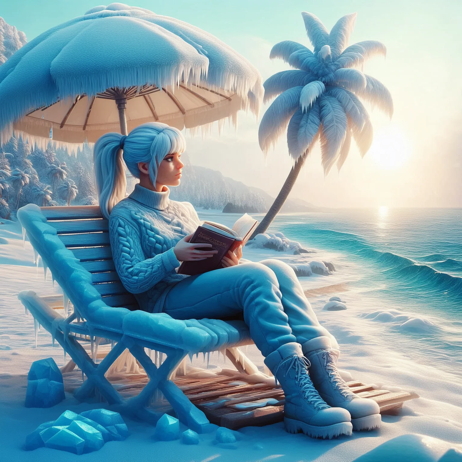 score_9, score_8_up, score_7_up, score_6_up, score_5_up, score_4_up, fr0stwrld, snow, ice <lora:Fr0stWrld-000010:1.0> BREAK
beach, sun, palm tree, sea, beach chair, beach umbrella, female, white hair, ponytail, looking away, sweater, pants, boots, holding book, reading, sitting