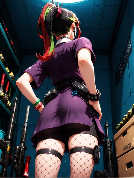 masterpiece, very aesthetic, best quality, solo, amazing quality, imtdhelsiexl, 1girl, multicolored hair, black hair, green hair, red hair, ponytail, spikes, multicolored nails, streaked hair, dress, choker, bracelet, studded bracelet, collared shirt, fishnets pantyhose, belt, thigh strap, belt pouch, cross earrings, shorts under dress, standing, cowboy shot, from below, from behind, arsenal of firearms, assault rifles, pistols, bazookas, explosives, grenades, weapons room, face away, looking at the weapons, hands on hips, skirt