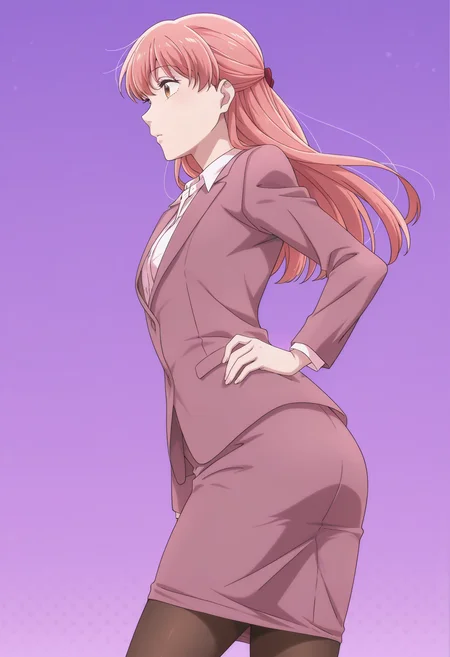 anime screencap, anime coloring, 1girl, solo, <lora:DX888Narumi:1> momose narumi, brown eyes, pink hair, long hair
half updo, hair bow, office lady, suit, skirt suit, pantyhose, BREAK purple background, halftone background, (simple background:1.2) BREAK (dynamic pose:1.2), from below, from side, twisted torso,