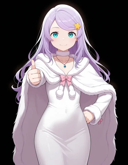 <lora:Anastasia Hoshin Illustrious:1>anast4sia, purple hair, swept bangs, aqua eyes, star hair ornament,
white dress, frilled dress, long dress, fur-trimmed capelet, fur-trimmed cape, pom pom (clothes), pink bow, pendant, white choker,
straight-on, closed smile, one hand on hips, outstretched arm, thumbs up,, masterpiece, best quality, amazing quality, simple background, black background,