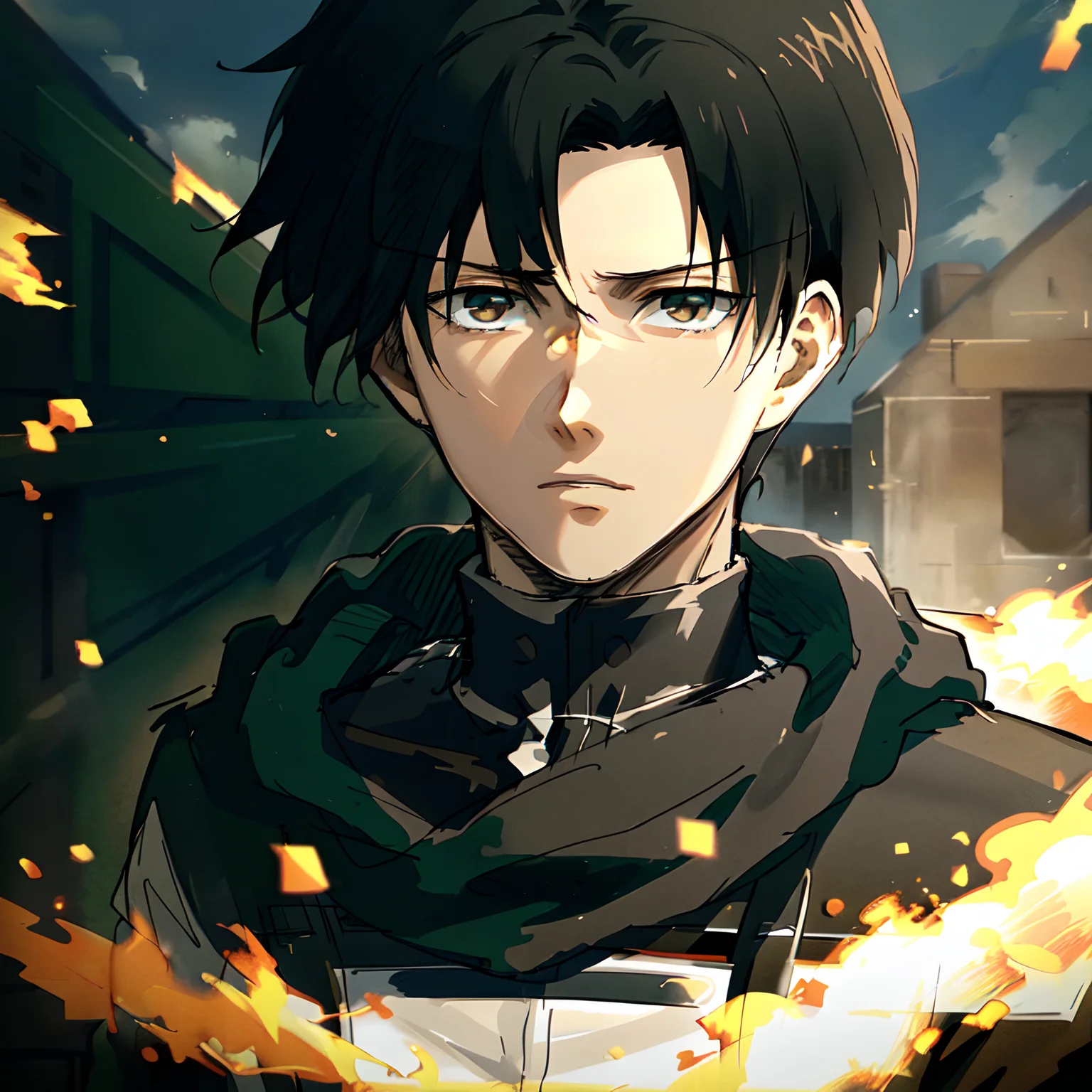 1man,<lora:Levi Ackermann:0.9>,highly detailed,high res, (Levi Ackermann),attack on titan,black hair,solo, outside, detailed eyes, full face, ruins,flames,black smoke,(three-dimensional_maneuver_gear),(blurred_background)
