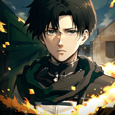 1man,<lora:Levi Ackermann:0.9>,highly detailed,high res, (Levi Ackermann),attack on titan,black hair,solo, outside, detailed eyes, full face, ruins,flames,black smoke,(three-dimensional_maneuver_gear),(blurred_background)