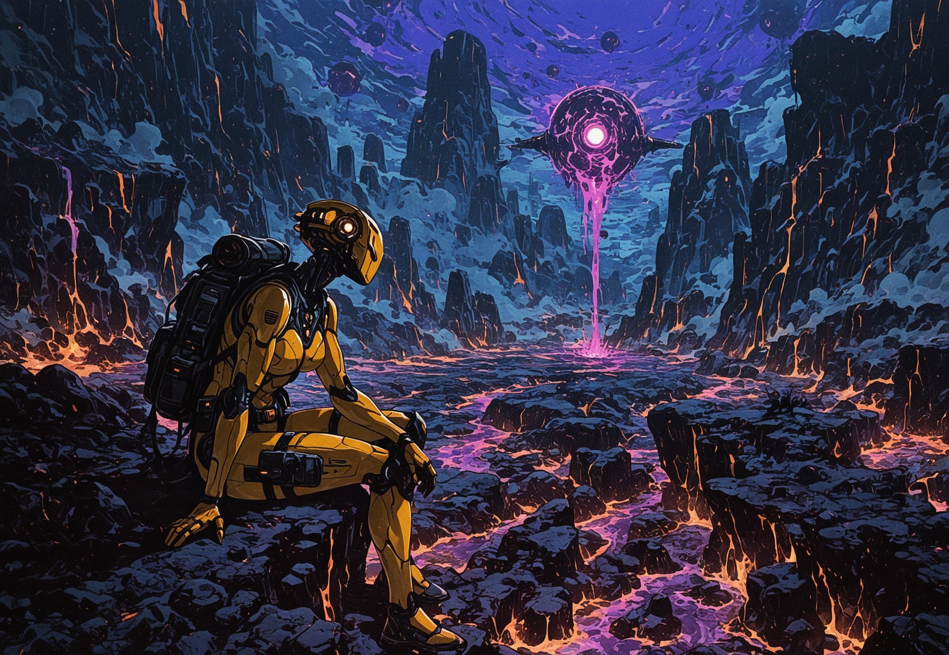 masterpiece, best quality, amazing quality,  high resolution, aesthetic, 1girl, robot girl, yellow body, muscular, (unusual robot head:1.7) with orange headlamp, sci-fi landscape, lava planet, ash falling, thigh pouch, radio belt,  tall backpack, sitting on rocky shelf in distance, weathered exterior, dangerous, purple lava, DRKWB