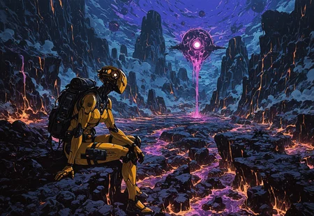 masterpiece, best quality, amazing quality,  high resolution, aesthetic, 1girl, robot girl, yellow body, muscular, (unusual robot head:1.7) with orange headlamp, sci-fi landscape, lava planet, ash falling, thigh pouch, radio belt,  tall backpack, sitting on rocky shelf in distance, weathered exterior, dangerous, purple lava, DRKWB
