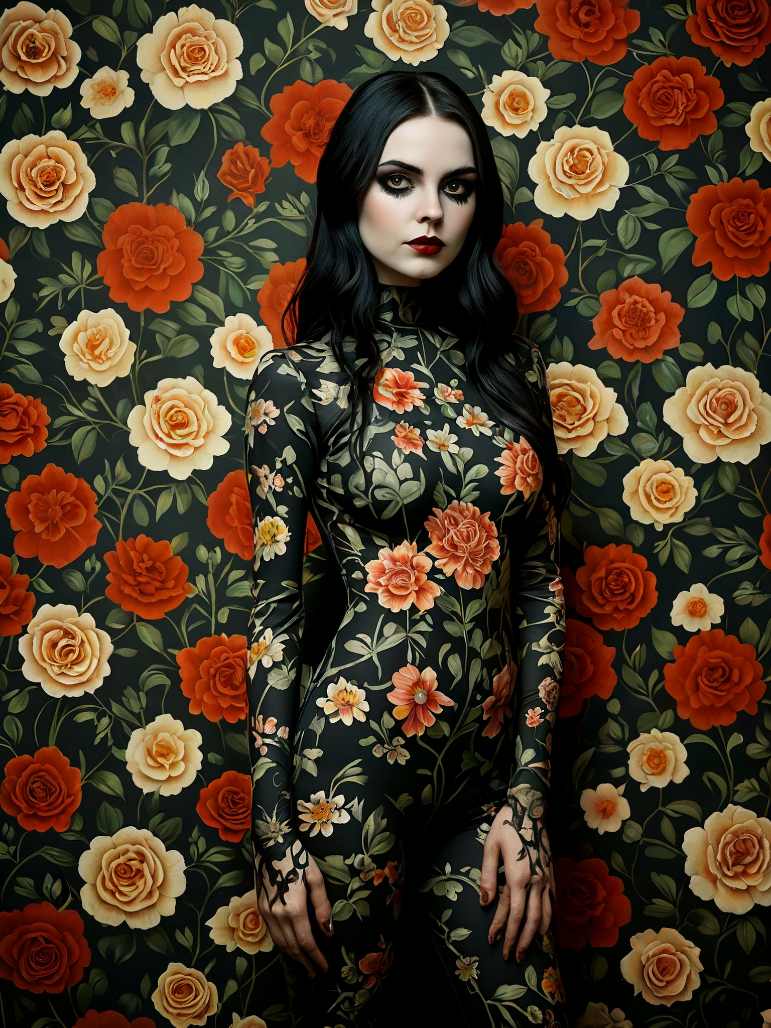 award winning photo, gothic,

She stands against a floral wallpaper, her body and face painted to match, camouflaged against it, almost lost in the patterns.