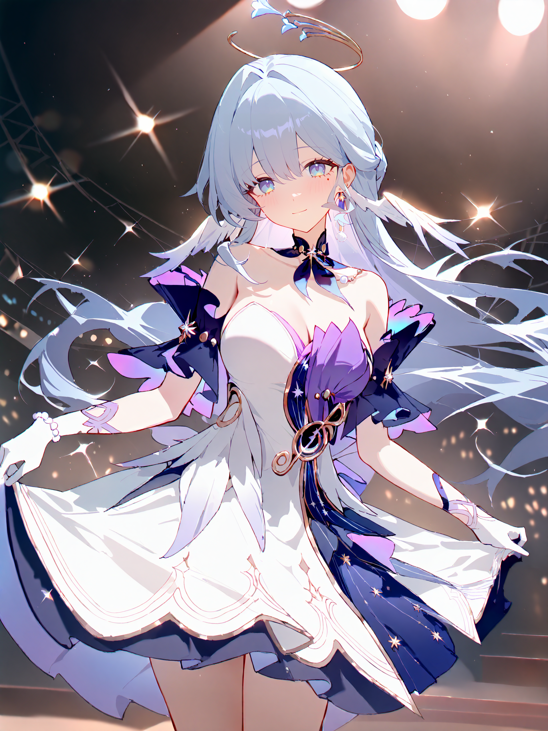 masterpiece, high score, great score, absurdres, (ask \(askzy\), hiten \(hitenkei\):0.5), <lora:Char-HonkaiSR-Robin-V2-XL:1>, 1girl, solo, robin \(honkai: star rail\), halo, head wings, earrings, detached collar, sleeveless dress, detached sleeves, white gloves, cowboy shot, looking at viewer, light smile, skirt hold, curtsey, standing, stage, stage lights, indoors, depth of field