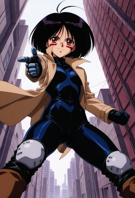masterpiece, best quality,  absurdres, highres, cinematic light, 1girl, solo, <lora:gally-Illustrious:1> gally_wz, short hair, bob cut, black hair, red eyes, antenna hair, brown coat, bodysuit, mechanical hands, brown boots, knee pads, 1990s \(style\), retro artstyle, red facepaint, facil mark, pointing at viewer, finger gun, smile, looking at viewer, city, rural, from below, v_legs, cowboy shot,  <lora:anime_screencap-Illustrious_1064755:1> anime screencap, anime coloring