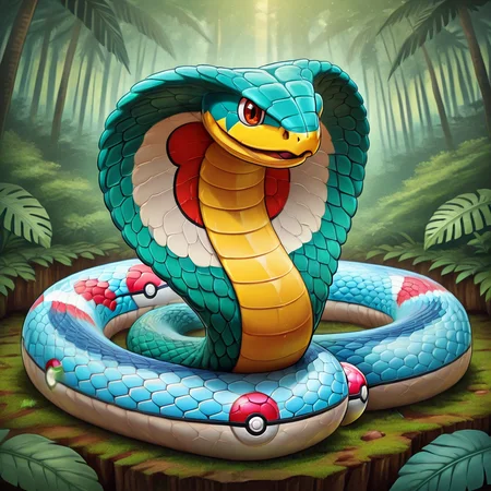 masterpiece, best quality,  <lora:NajaCobra_Illustrious:1> Naja, pokeball pattern, animal focus, no humans, in leafy misty jungleâââ