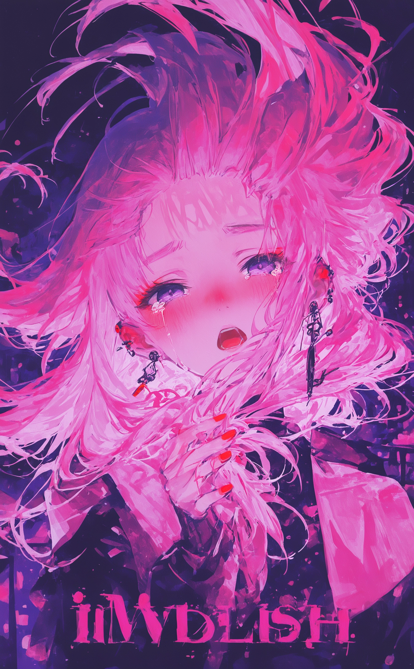 masterpiece, best quality, amazing quality, 1girl, solo, long hair, looking at viewer, open mouth, purple eyes, earrings, tears, nail polish, floating hair, portrait, red nails, holding hair, pink theme, purple theme, song name, Cinematic Lighting, Karinami Inkblush mode,thick ink outlines,soft marker gradients,era 2020s indie illustration,(Inkblush style:1.2), <lora:noobai_ep11_stabilizer_v0.138_fp16:0.3> <lora:XXX667:0.6> <lora:lpc_v10:0.7> <lora:96YOTTEA-WAI:0.6> <lora:Karinami_Inkblush_mode_Illustrious_clean:0.6>