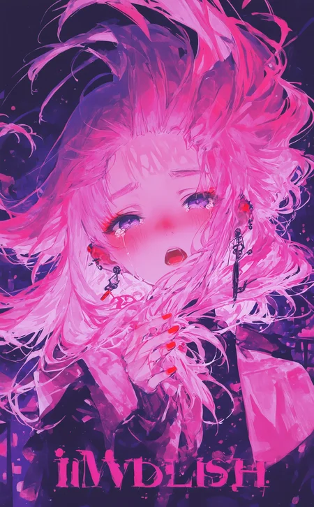 masterpiece, best quality, amazing quality, 1girl, solo, long hair, looking at viewer, open mouth, purple eyes, earrings, tears, nail polish, floating hair, portrait, red nails, holding hair, pink theme, purple theme, song name, Cinematic Lighting, Karinami Inkblush mode,thick ink outlines,soft marker gradients,era 2020s indie illustration,(Inkblush style:1.2), <lora:noobai_ep11_stabilizer_v0.138_fp16:0.3> <lora:XXX667:0.6> <lora:lpc_v10:0.7> <lora:96YOTTEA-WAI:0.6> <lora:Karinami_Inkblush_mode_Illustrious_clean:0.6>