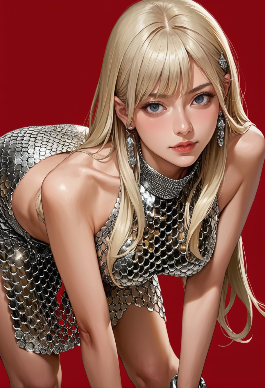 1girl,solo,red background,blonde hair,long hair,cowboy shot,,ruanyi0801,revealing clothes,jewelry,chainmail,sleeveless,tight skirt,bent over,<lora:0801 nightclub clothing 1_v1_pony:1>, score_9,score_8_up,score_7_up,,8k,1girl,solo,,