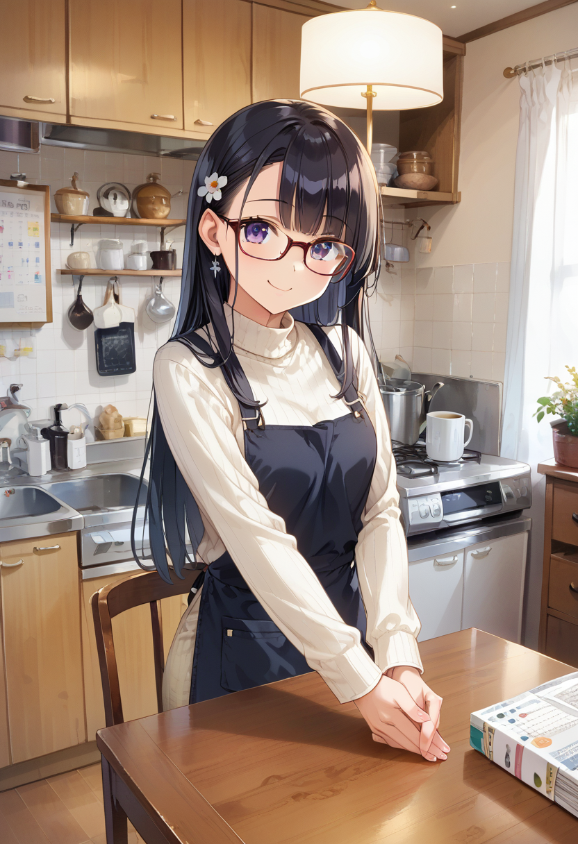 score_9, score_8_up, score_7_up, rating_safe, masterpiece, best quality, absurdres, unity 8k wallpaper, official art, official style, source_anime, uncensored, game cg, megami magazine,
1girl, solo, glasses, black hair, long hair, white ribbed sweater, black apron,  happy, smile, looking at viewer, own hands together,
JPkitchen, calendar (object), chair, indoors, scenery, window, sink, wooden table, lamp, kitchen, curtains, cabinet, clock, cofee mug, coffee, 
<lora:JP_kitchen_PONY_V1:1>