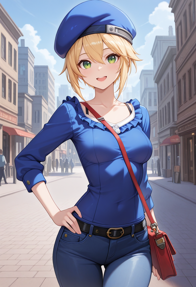 masterpiece, best quality, newest, absurdres, highres , <lora:NoelleVermllionBBIllustrious:1> NLLEVRM, blue beret, blonde hair, short hair, green eyes, smile, open mouth, cityscape, street, sky, hand on own hip, blouse, blue shirt, straps, collarbone,  handbag, jeans, medium sized breasts, cowboy shot, 1 girl, solo, looking at viewer, frilled shirt,